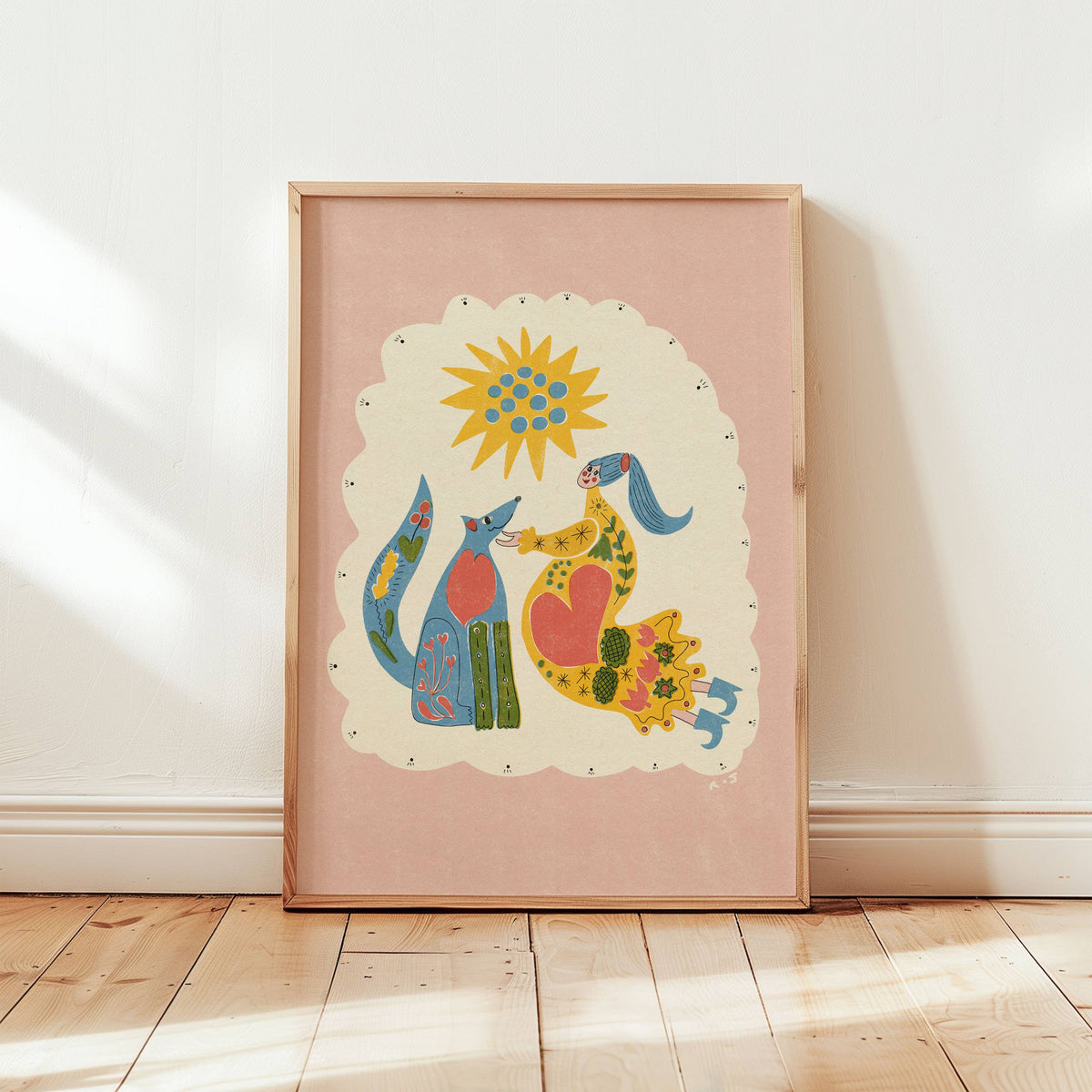 'Mother' | Folk | Boho | Colourful | Dog and Female | Risograph Style Print: A3