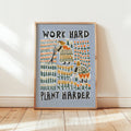 'Work Hard Plant Harder' | Playful | Folk Art | Retro | Risograph Style Print: A3