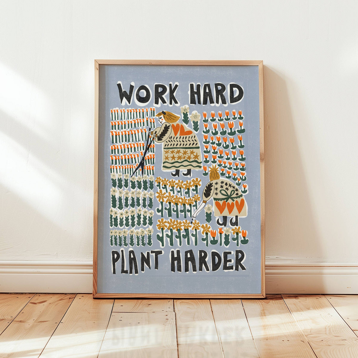 'Work Hard Plant Harder' | Playful | Folk Art | Retro | Risograph Style Print: A3