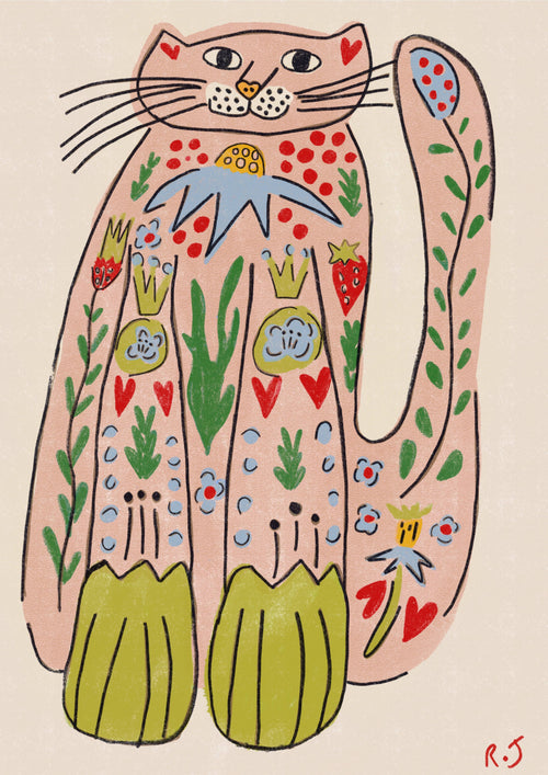 'Folk Cat' | Colourful | Modern Folk | Playful Print: A3