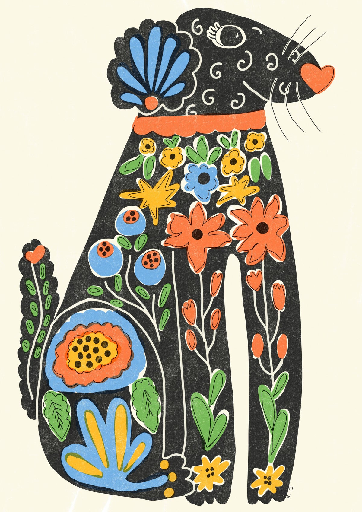 'Funky Dog' | Colourful | Retro | Folky | Risograph Style Print: A3