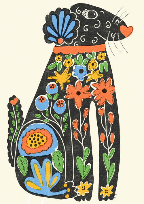 'Funky Dog' | Colourful | Retro | Folky | Risograph Style Print: A3