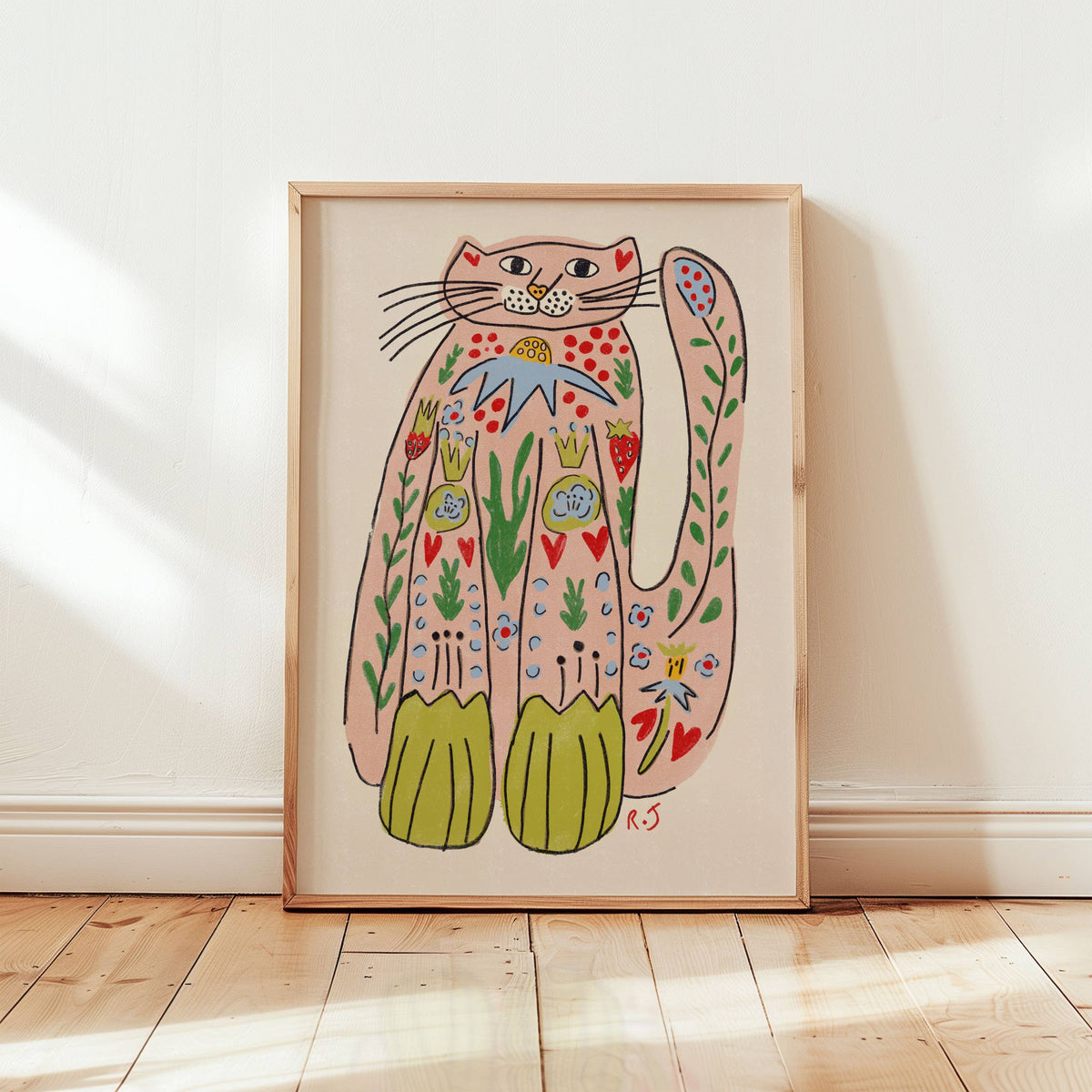 'Folk Cat' | Colourful | Modern Folk | Playful Print: A3